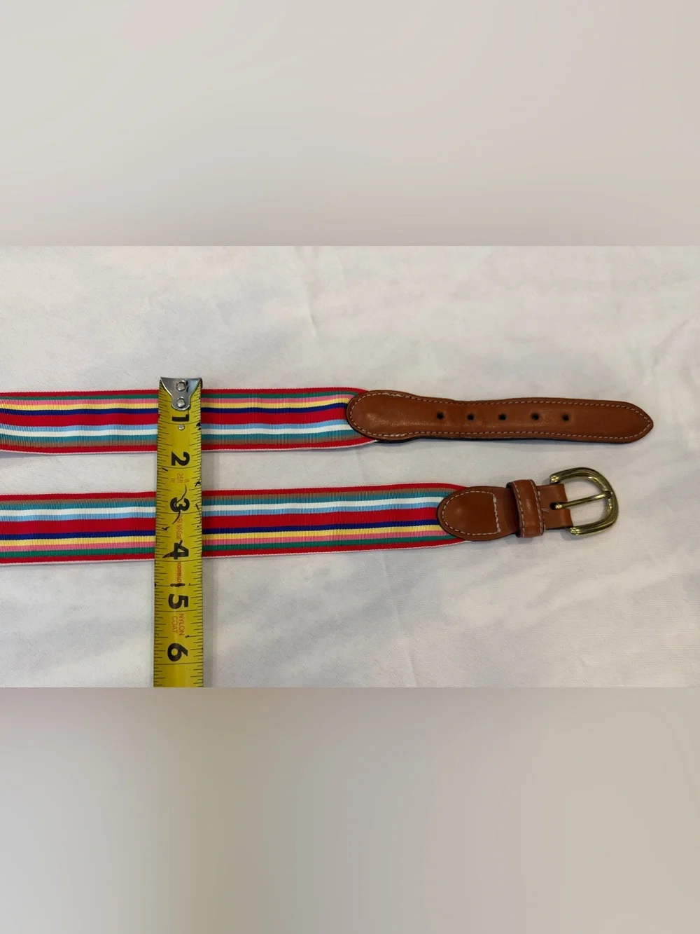 Barrons—Hunter Multicolor Stripe Belt with Brown Leather/Brass Buckle Sz 40